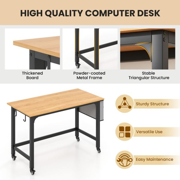 120cm Mobile Computer Desk with Storage Bag and 2 Headphone Hooks-Natural