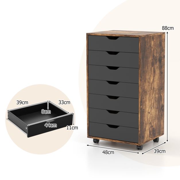 Mobile File Cabinet on Wheels with 7 Drawers-Brown
