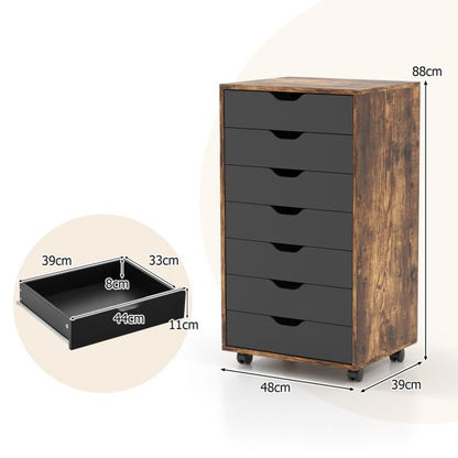 Mobile File Cabinet on Wheels with 7 Drawers-Brown