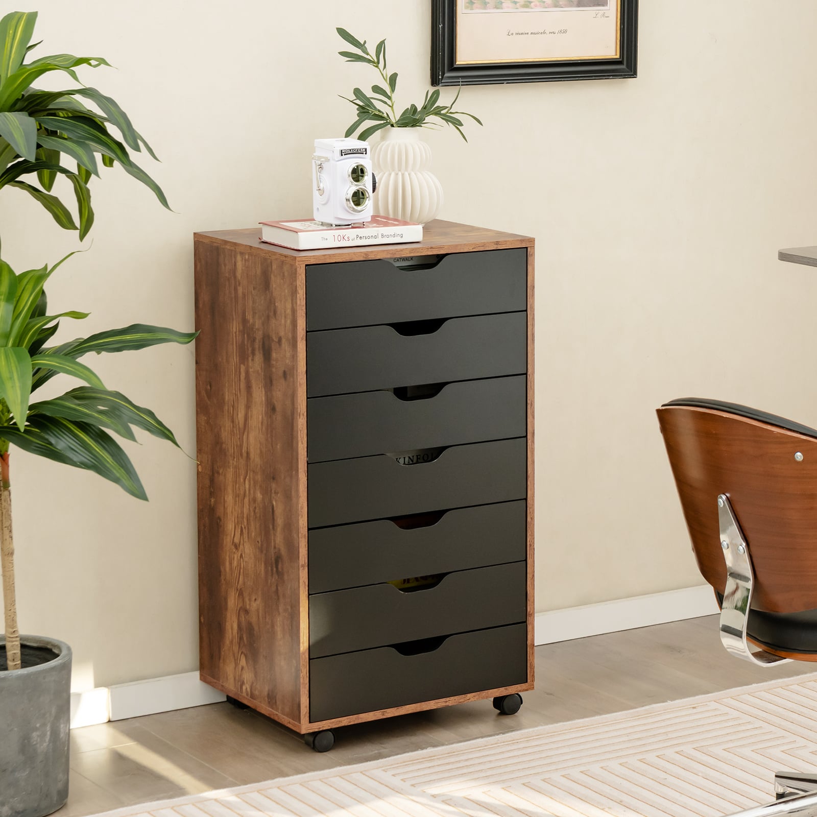 Mobile File Cabinet on Wheels with 7 Drawers-Brown