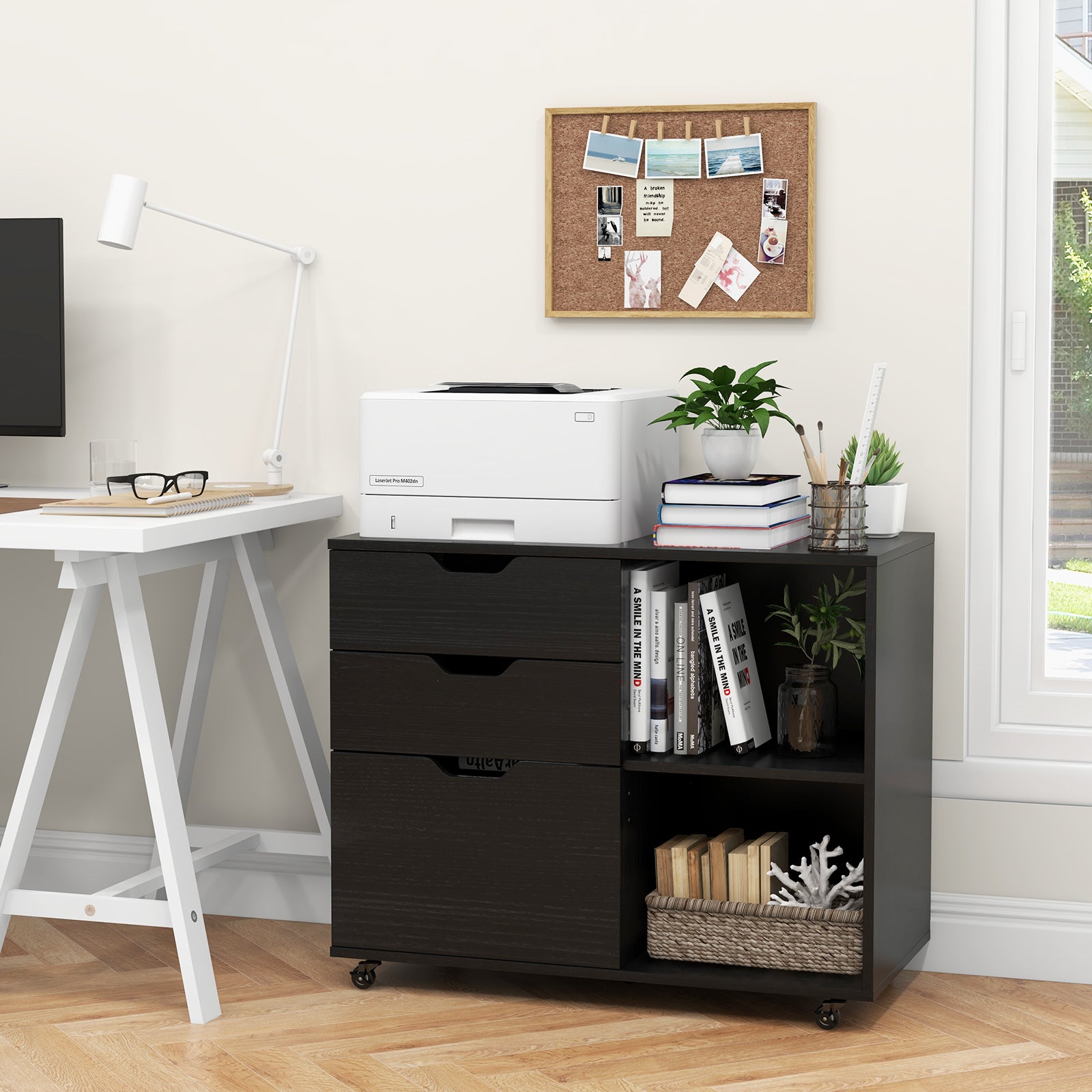 Mobile File Cabinet with 3 Pull-out Drawers and Adjustable Shelf-Black