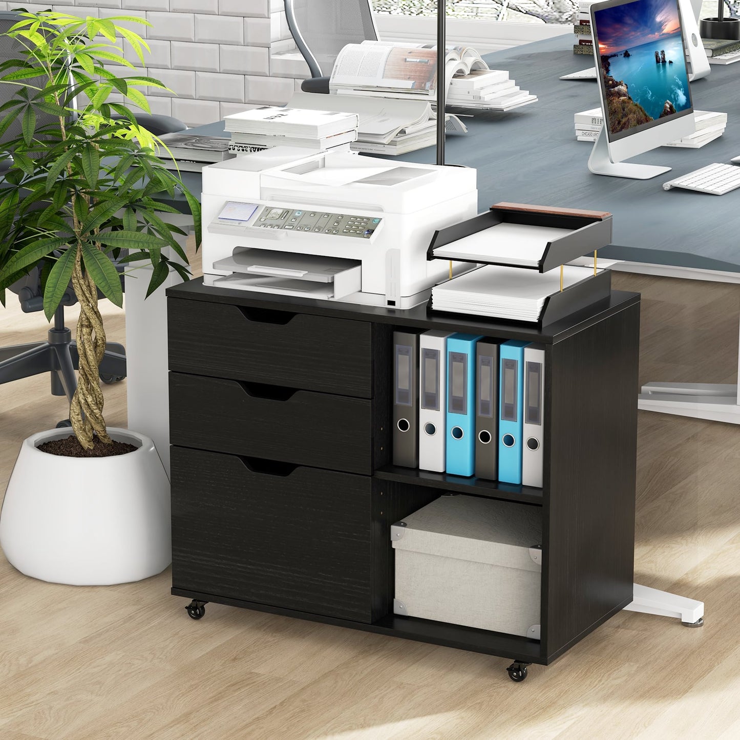 Mobile File Cabinet with 3 Pull-out Drawers and Adjustable Shelf-Black