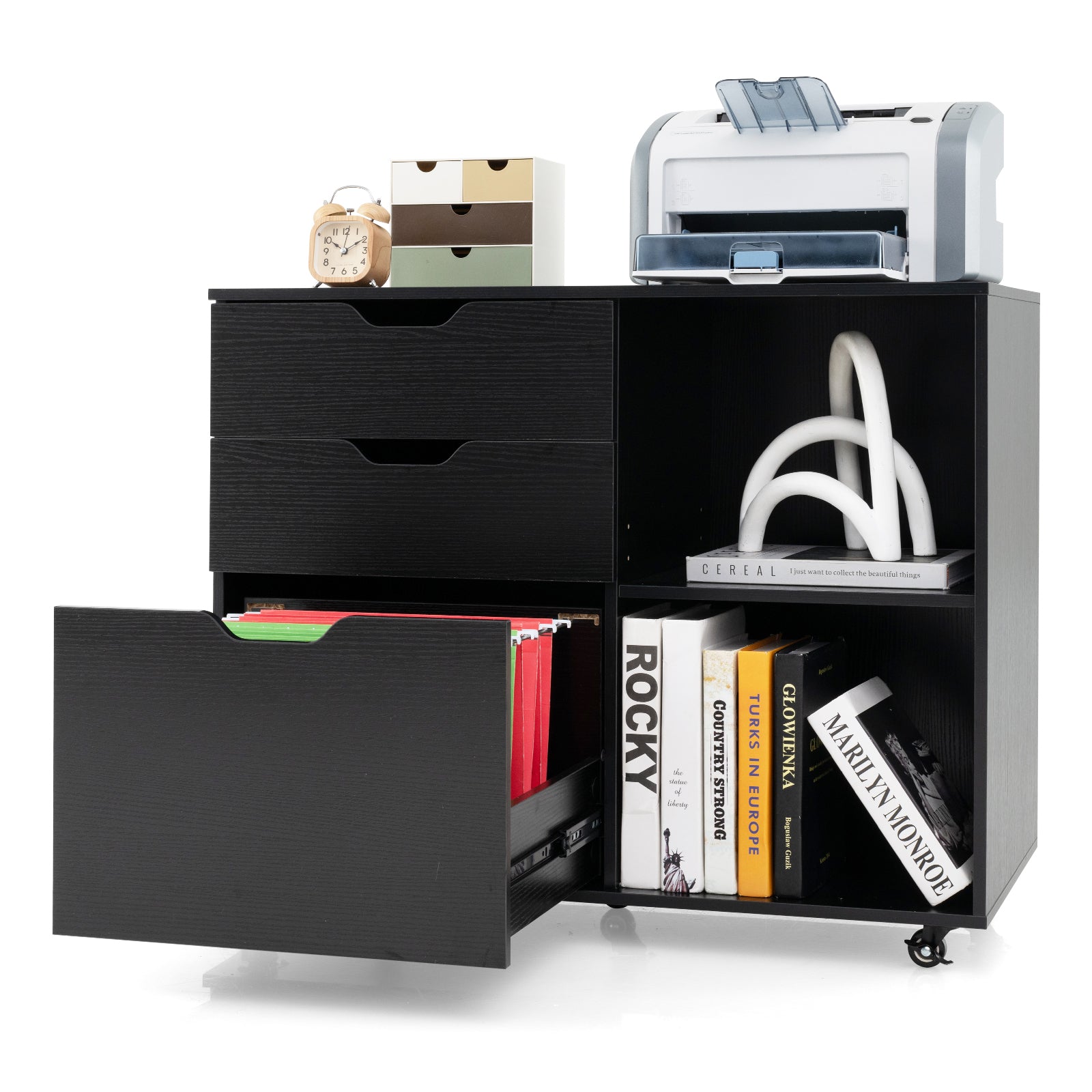 Mobile File Cabinet with 3 Pull-out Drawers and Adjustable Shelf-Black
