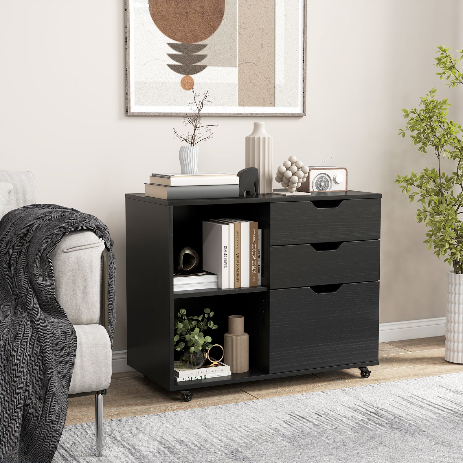 Mobile File Cabinet with 3 Pull-out Drawers and Adjustable Shelf-Black