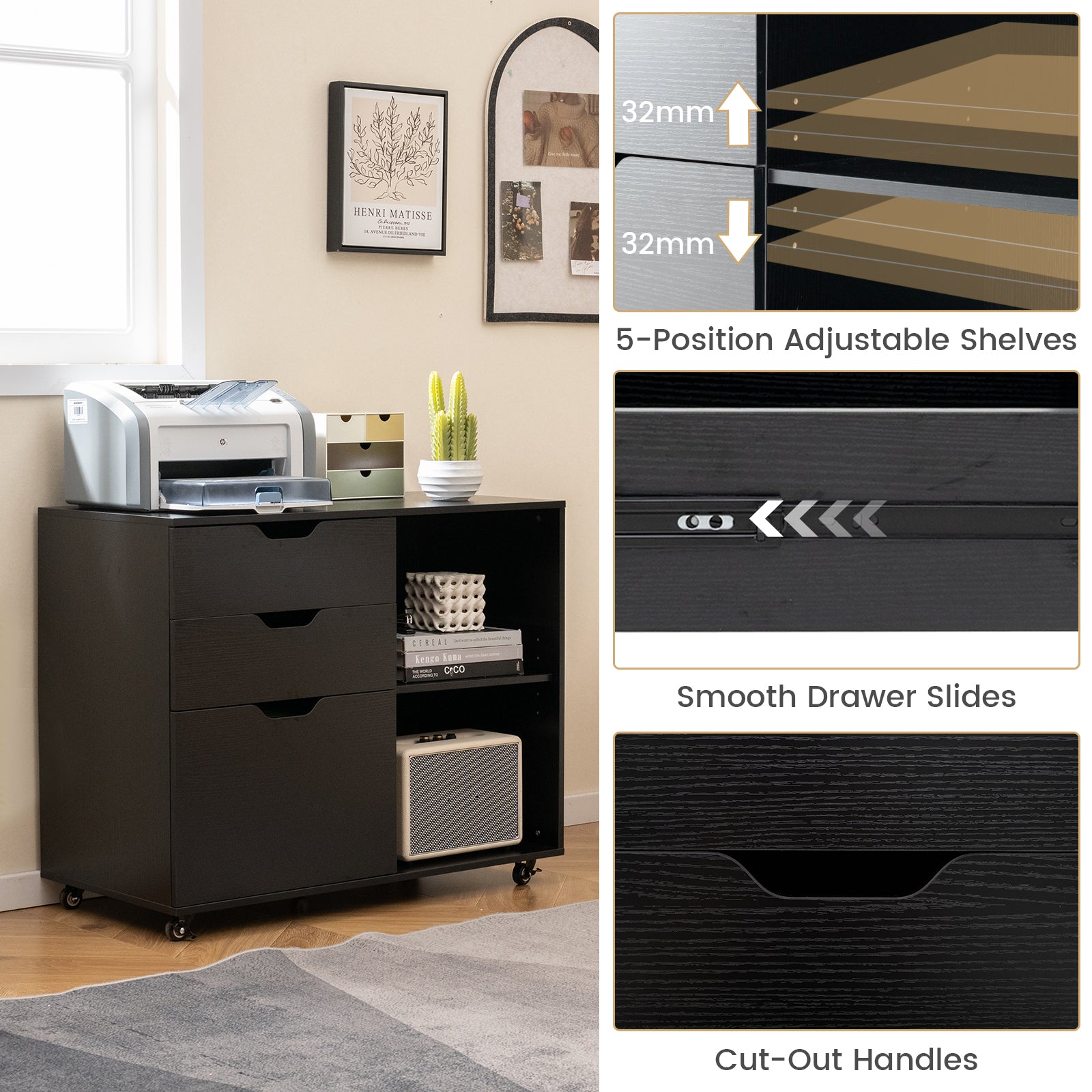 Mobile File Cabinet with 3 Pull-out Drawers and Adjustable Shelf-Black