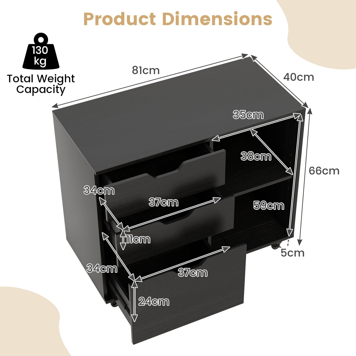 Mobile File Cabinet with 3 Pull-out Drawers and Adjustable Shelf-Black