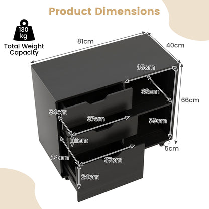 Mobile File Cabinet with 3 Pull-out Drawers and Adjustable Shelf-Black