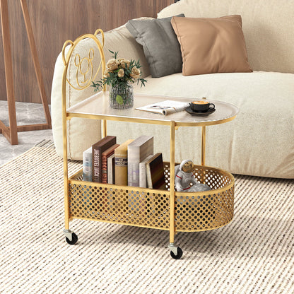 Mobile Glass Coffee Table with Bear Pattern and Storage Basket-Golden