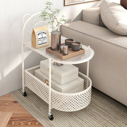 Mobile Glass Coffee Table with Bear Pattern and Storage Basket-White