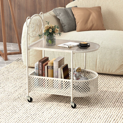 Mobile Glass Coffee Table with Bear Pattern and Storage Basket-White