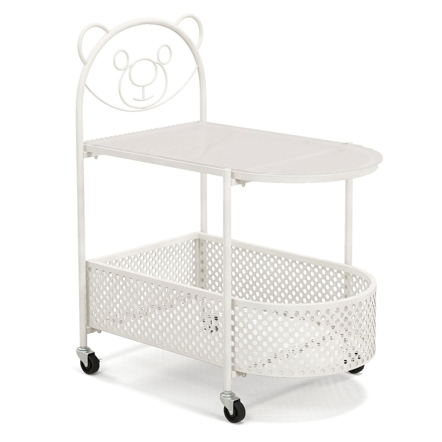 Mobile Glass Coffee Table with Bear Pattern and Storage Basket-White