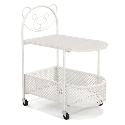 Mobile Glass Coffee Table with Bear Pattern and Storage Basket-White