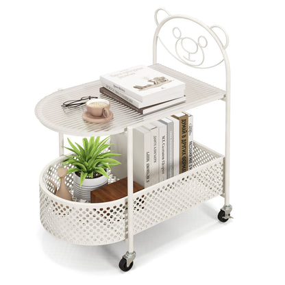Mobile Glass Coffee Table with Bear Pattern and Storage Basket-White