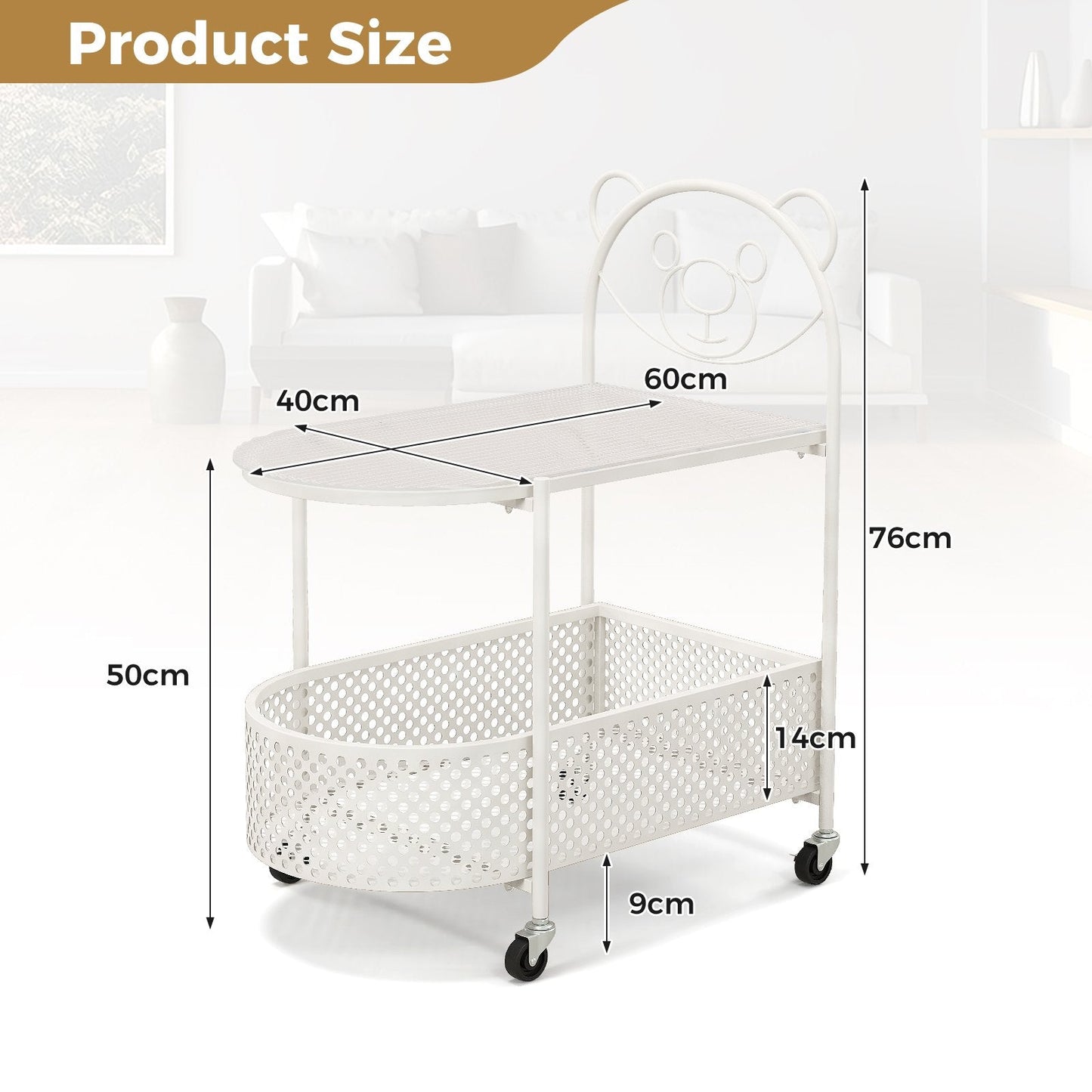 Mobile Glass Coffee Table with Bear Pattern and Storage Basket-White