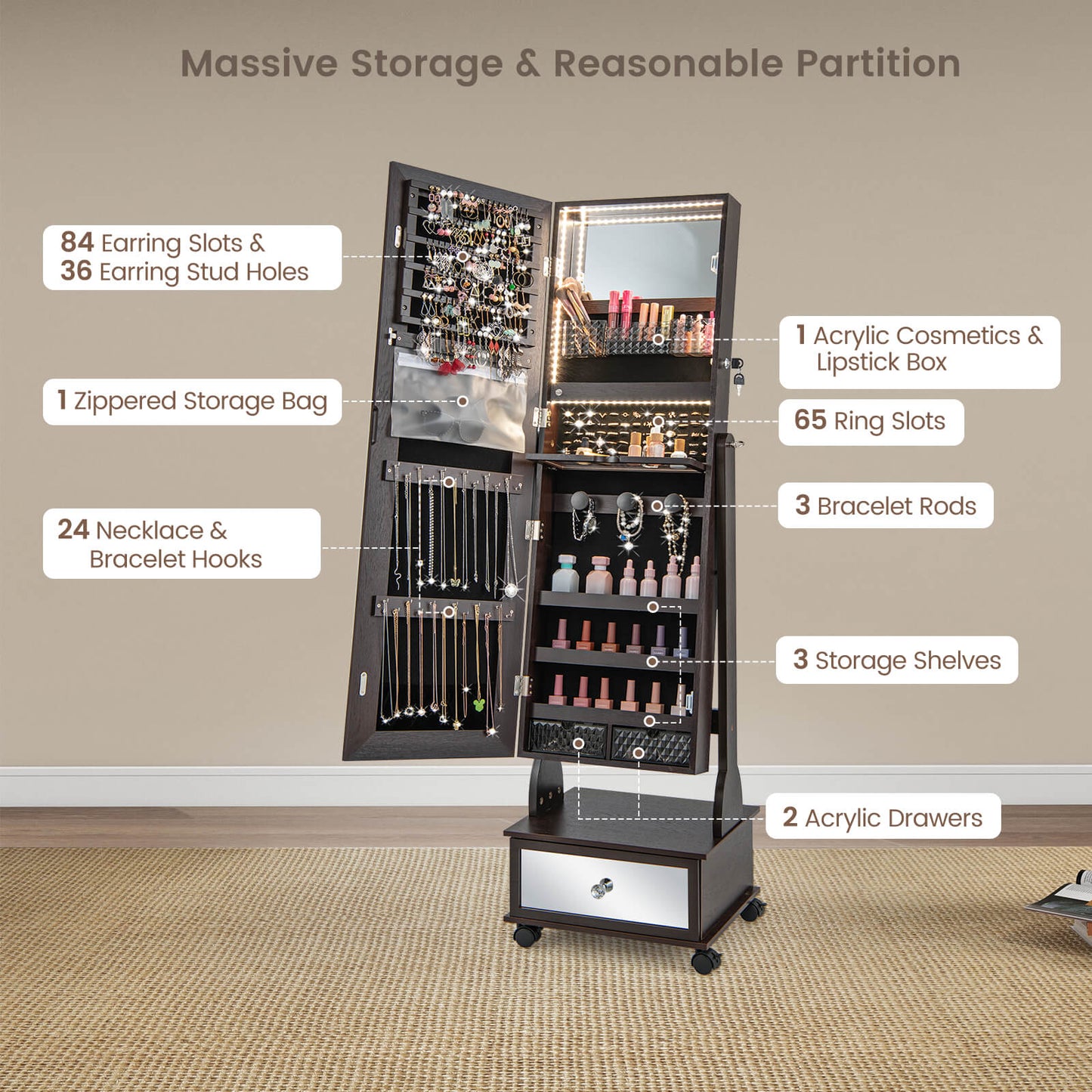 Standing Jewelry Armoire with Full-Length Mirror LED Lights and Drawers-Brown