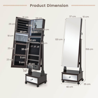Standing Jewelry Armoire with Full-Length Mirror LED Lights and Drawers-Brown