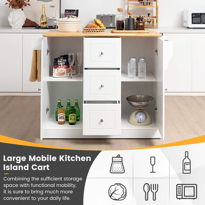 Large Mobile Kitchen Island Cart with Adjustable Shelves-White