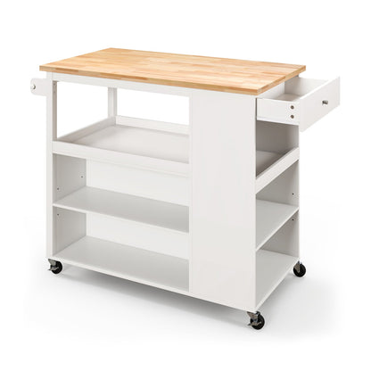 Mobile Serving Trolley Cart with Rubber Wood Top and Drawer-White