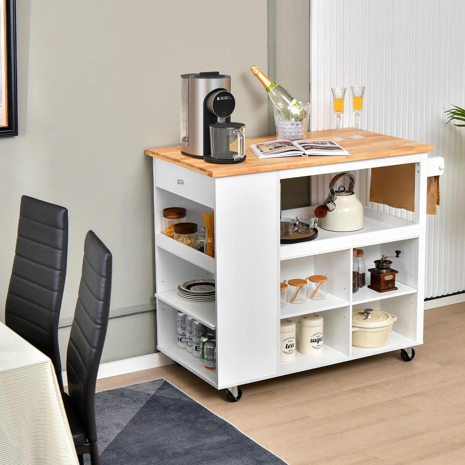 Mobile Serving Trolley Cart with Rubber Wood Top and Drawer-White