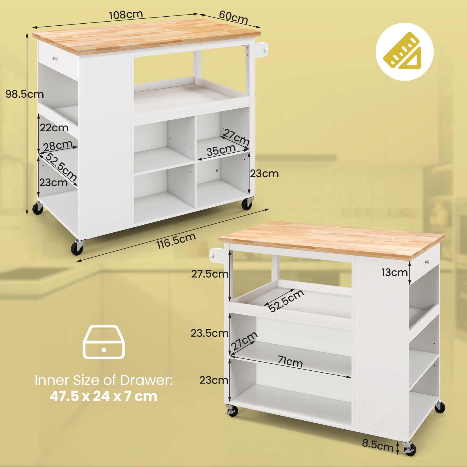 Mobile Serving Trolley Cart with Rubber Wood Top and Drawer-White