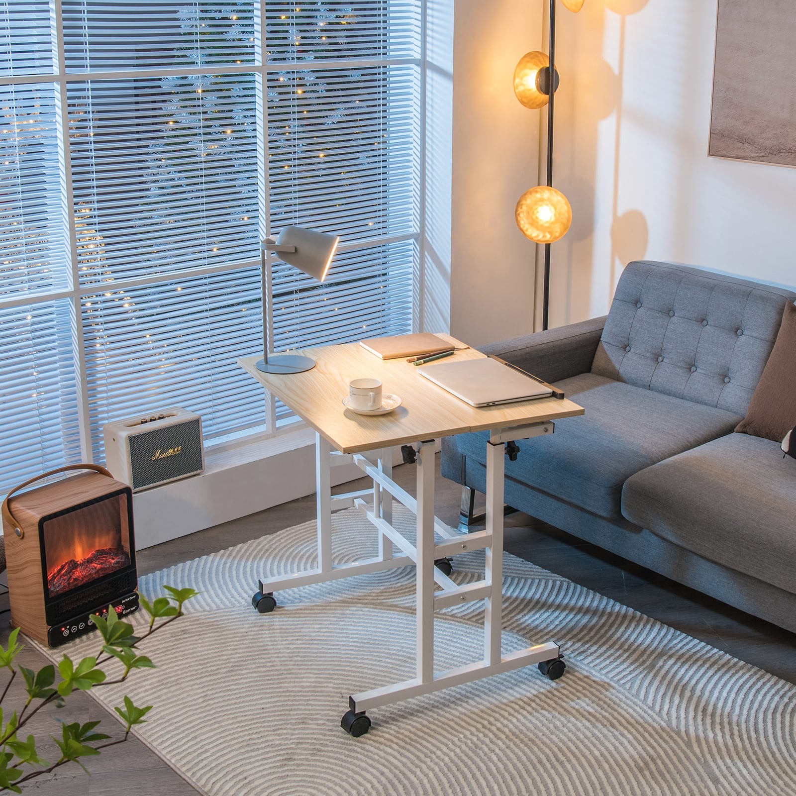 Height Adjustable Workstation with Wheels for Standing or Sitting-Natural