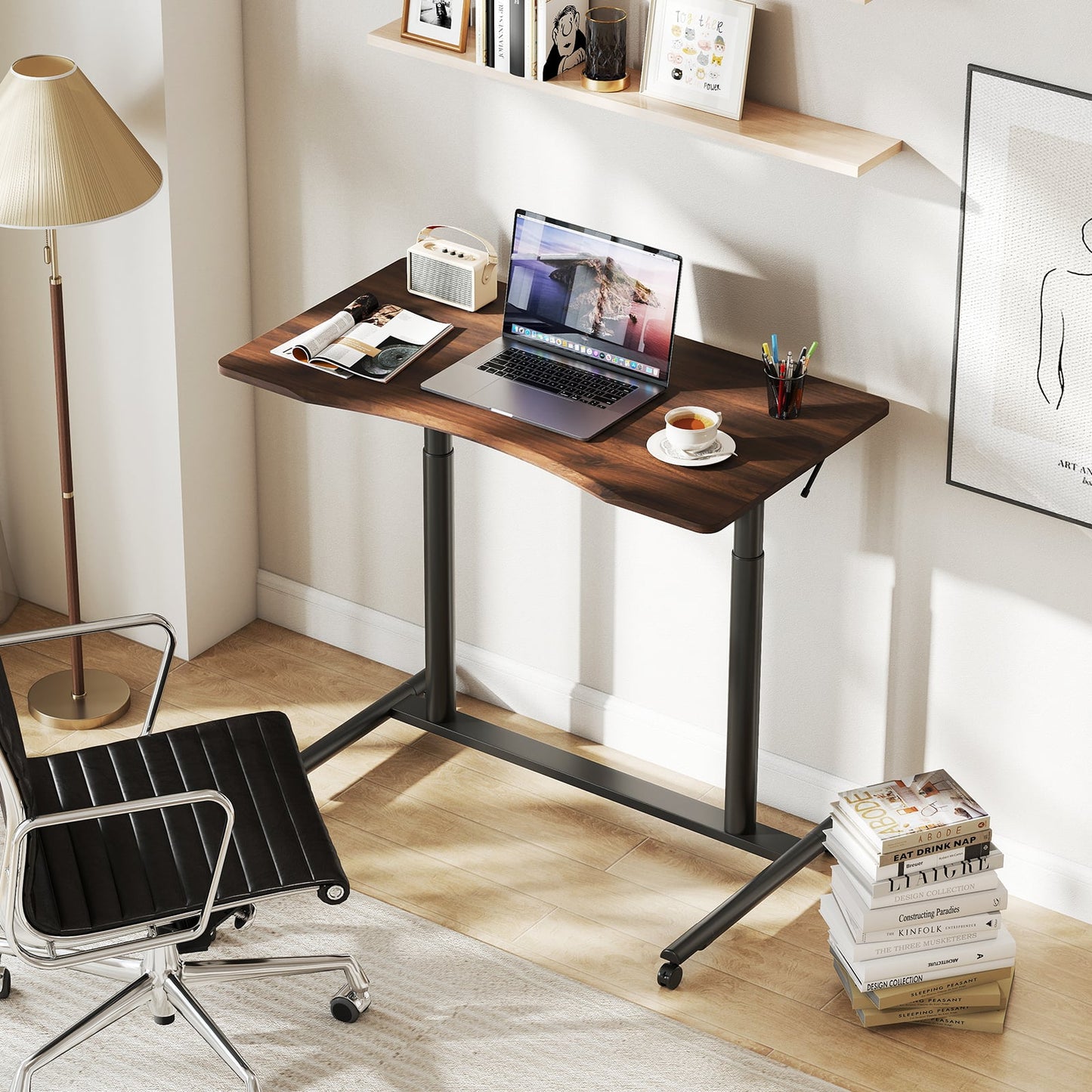 C-Shaped Mobile Standing Desk with Adjustable Height and Lockable Wheels-Brown