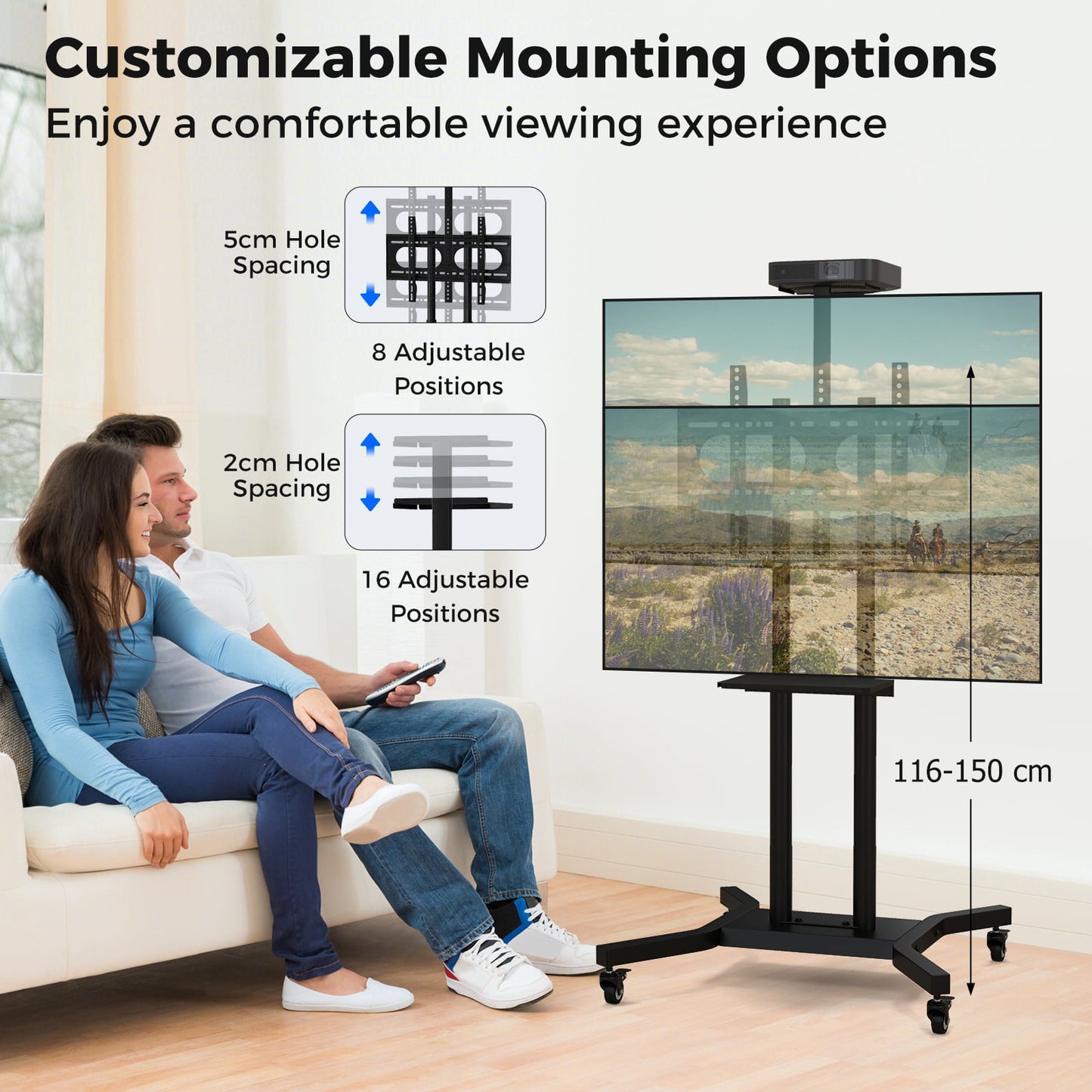 Mobile TV Stand Height Adjustable TV Cart with Lockable Wheels