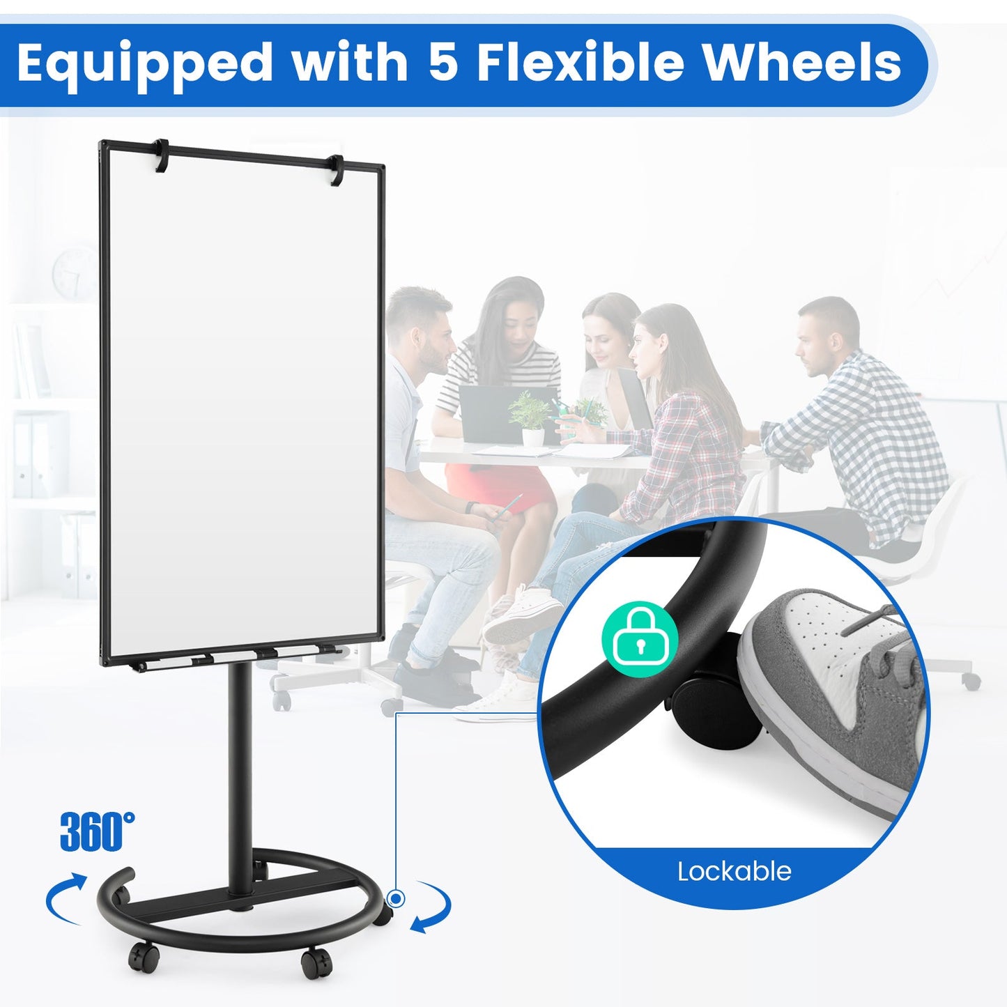 100 cm x 65 cm Height-Adjustable Magnetic Whiteboard on Wheels-Black & White
