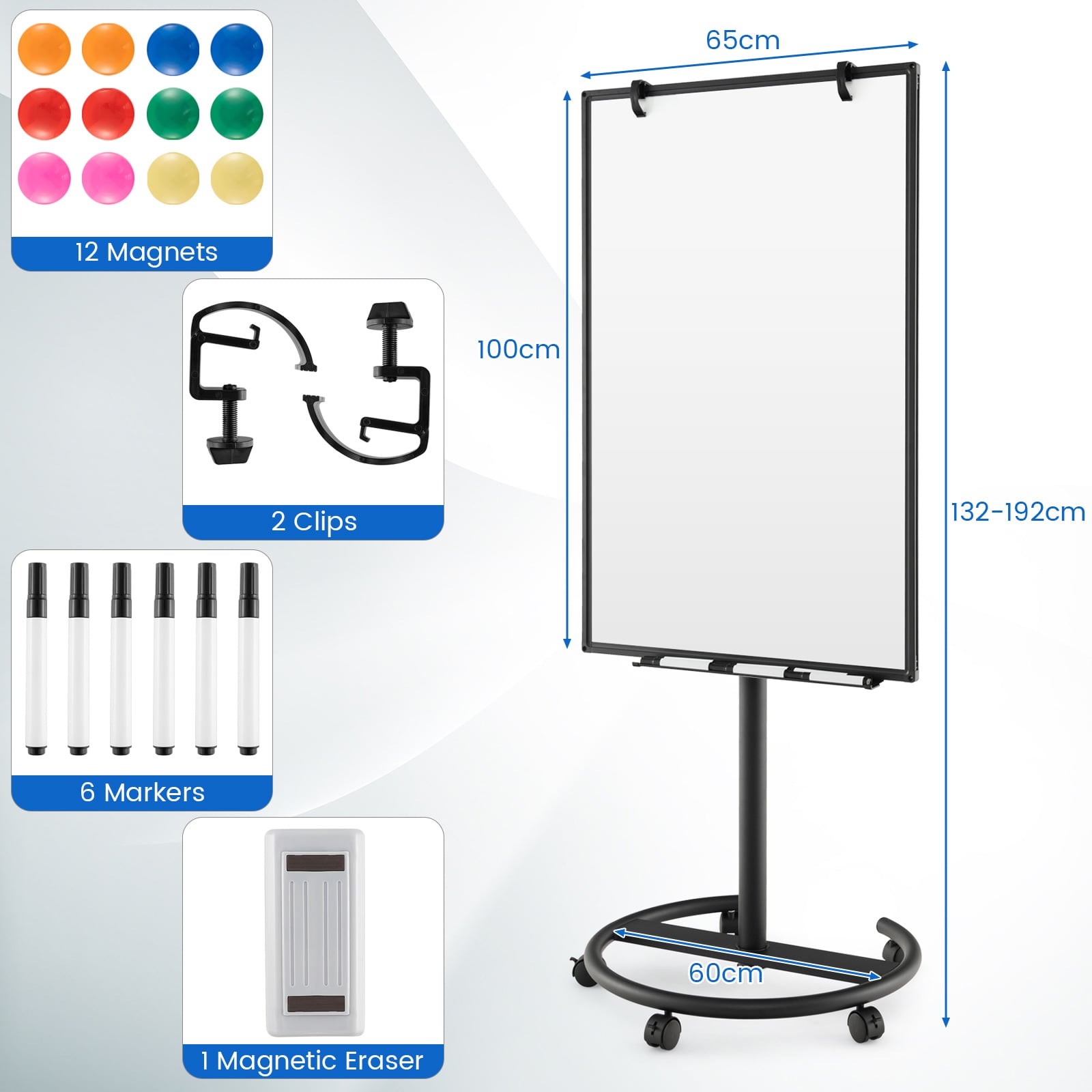 100 cm x 65 cm Height-Adjustable Magnetic Whiteboard on Wheels-Black &amp; White