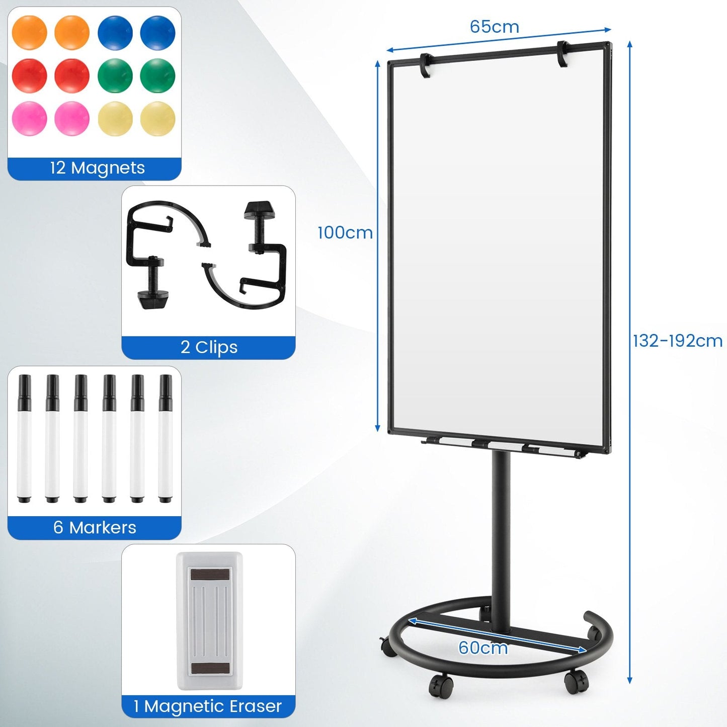 100 cm x 65 cm Height-Adjustable Magnetic Whiteboard on Wheels-Black & White