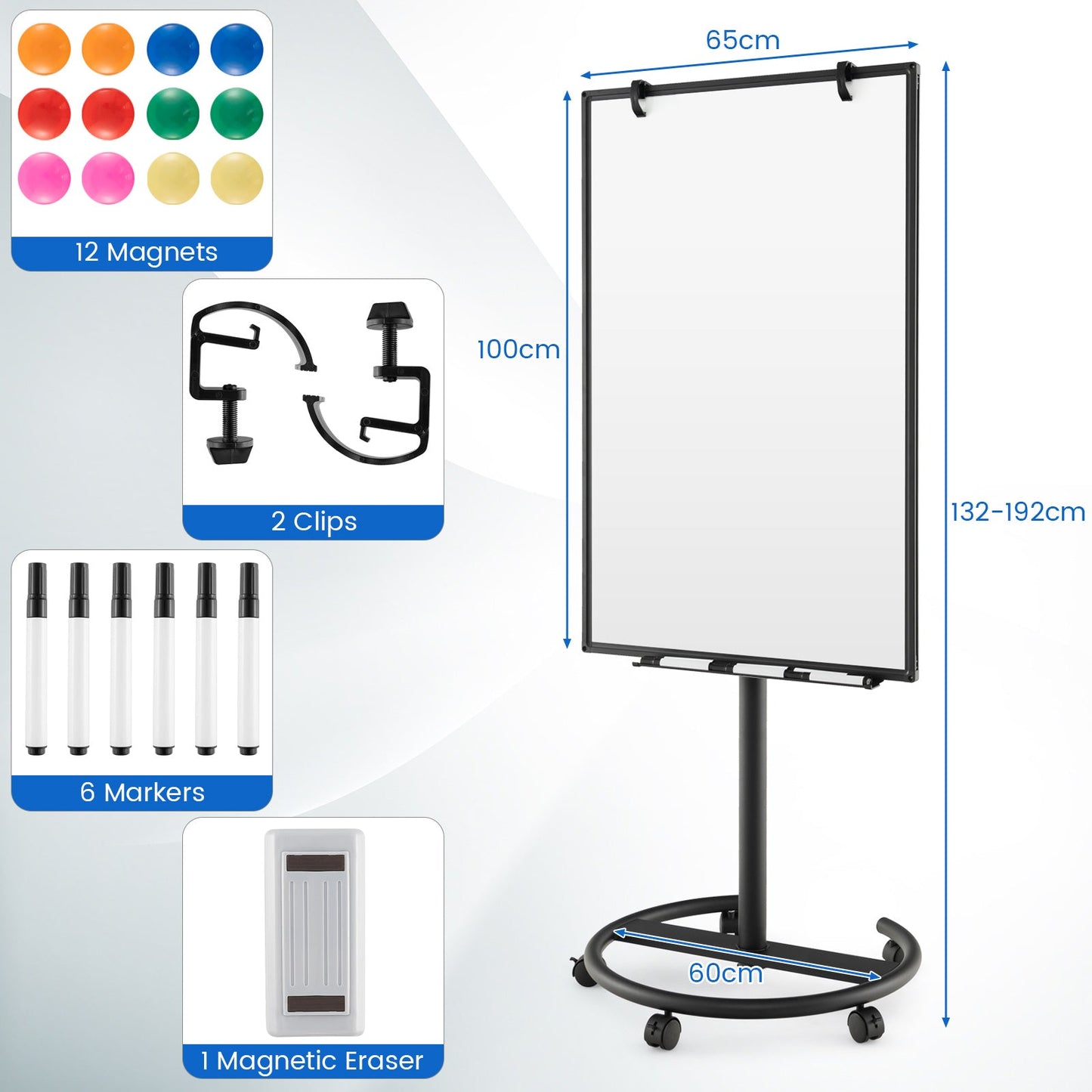100 cm x 65 cm Height-Adjustable Magnetic Whiteboard on Wheels-Black & White