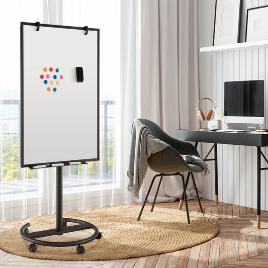 100 cm x 65 cm Height-Adjustable Magnetic Whiteboard on Wheels-Black &amp; White