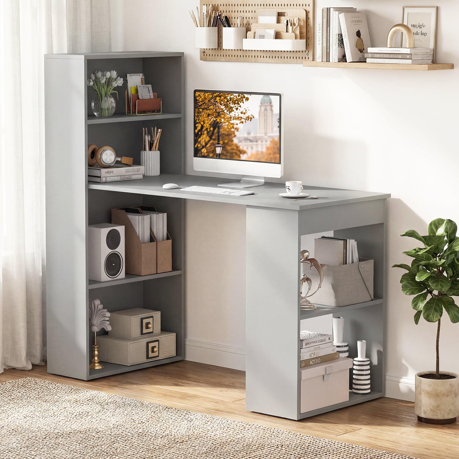 Modern 3-in-1 Wooden Computer Desk with 6-Tier Storage Bookshelves-Grey