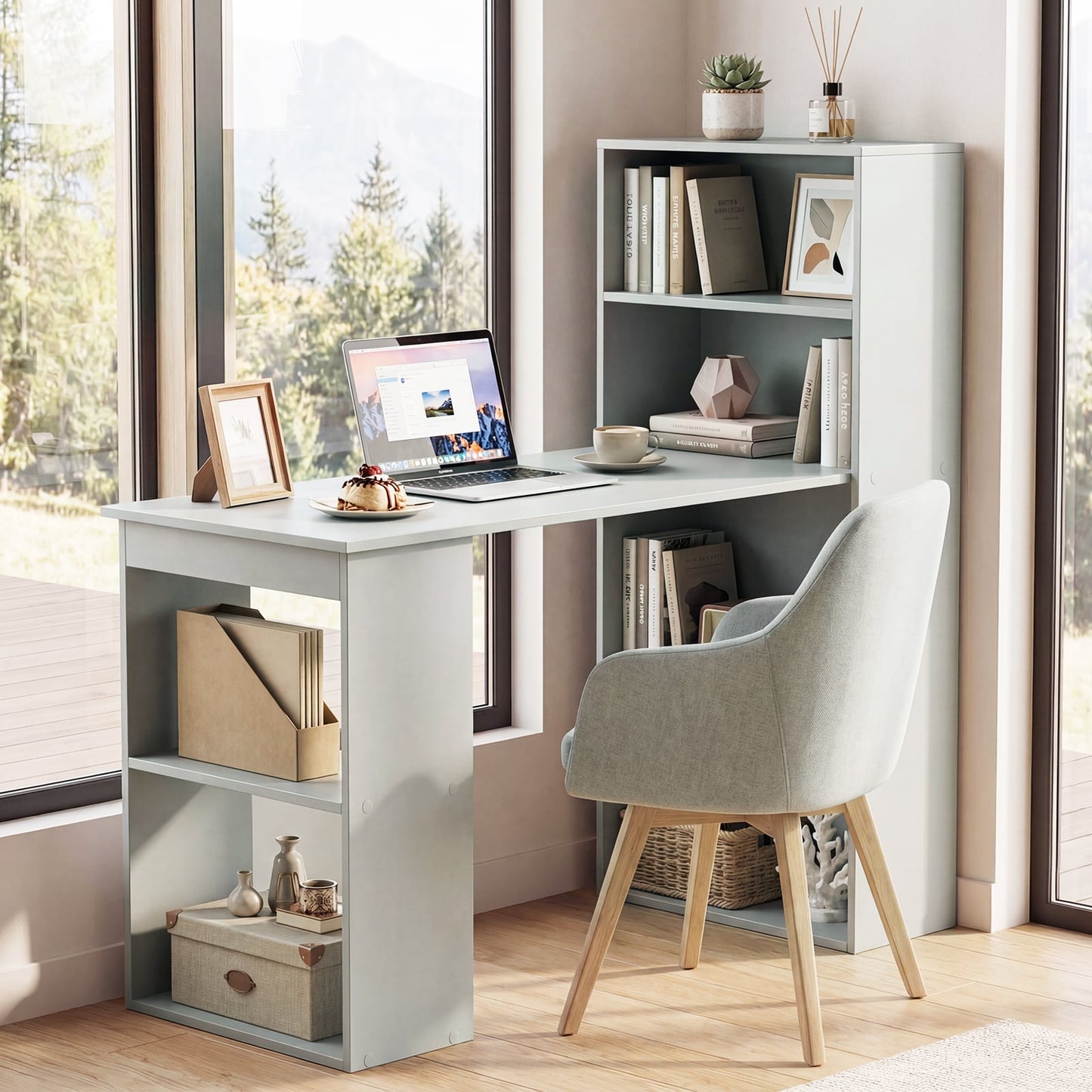 Modern 3-in-1 Wooden Computer Desk with 6-Tier Storage Bookshelves-Grey