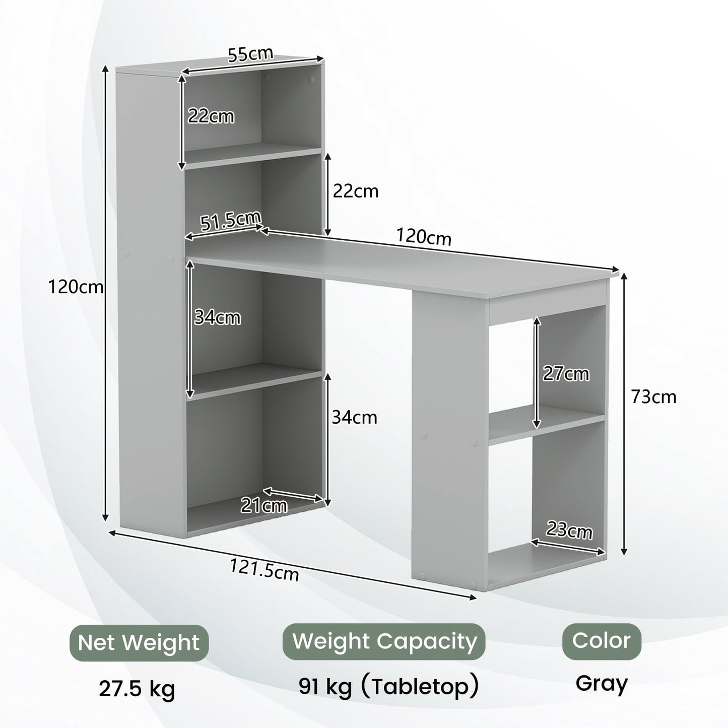 Modern 3-in-1 Wooden Computer Desk with 6-Tier Storage Bookshelves-Grey