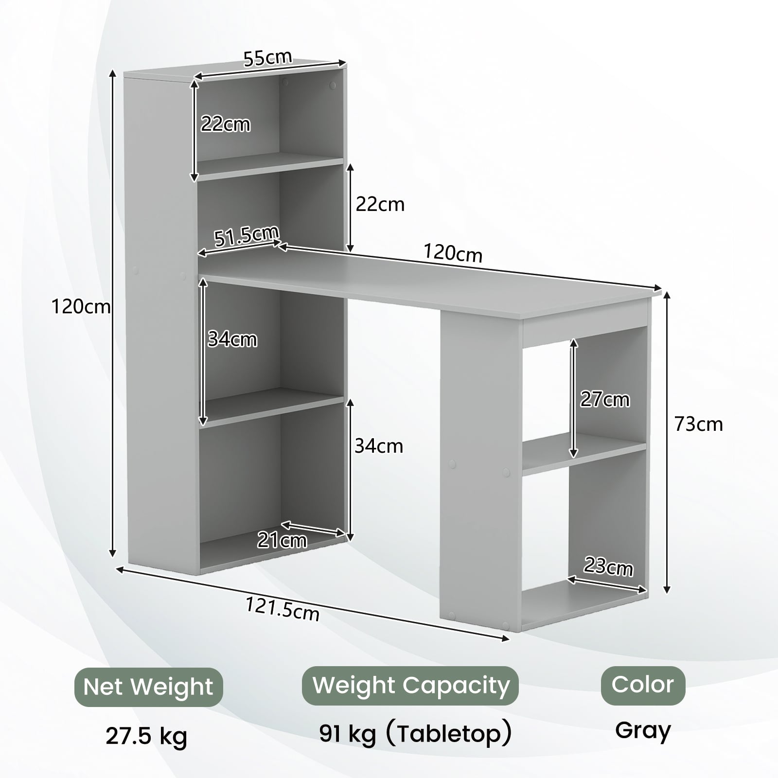 Modern 3-in-1 Wooden Computer Desk with 6-Tier Storage Bookshelves-Grey
