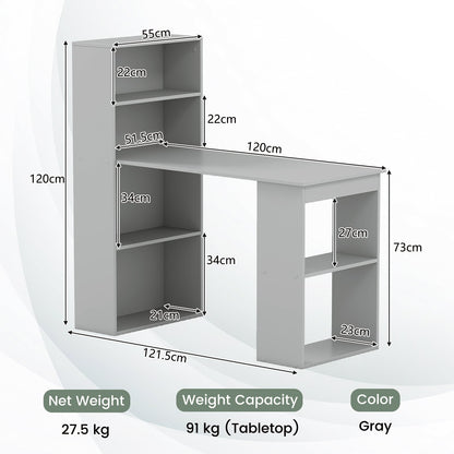 Modern 3-in-1 Wooden Computer Desk with 6-Tier Storage Bookshelves-Grey