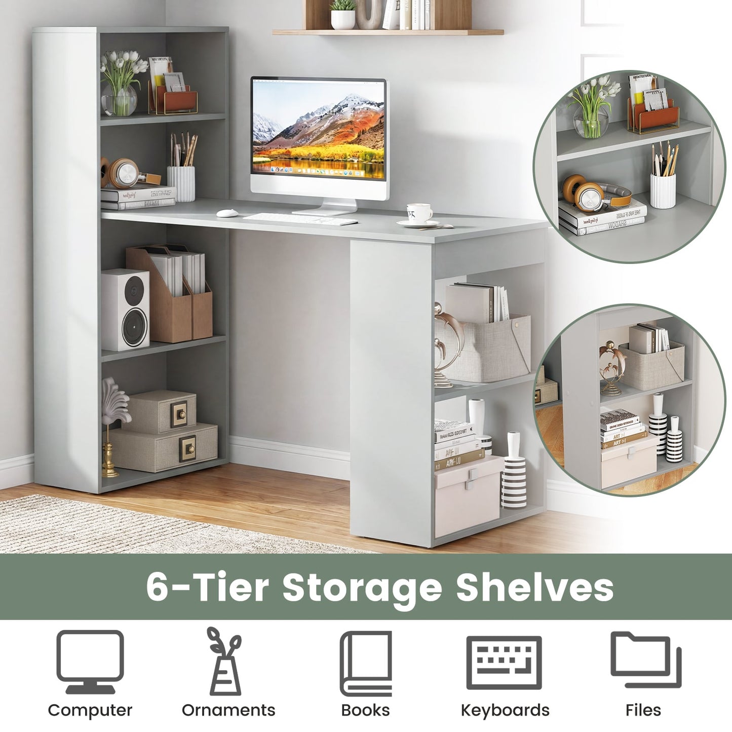Modern 3-in-1 Wooden Computer Desk with 6-Tier Storage Bookshelves-Grey