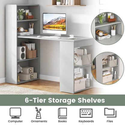 Modern 3-in-1 Wooden Computer Desk with 6-Tier Storage Bookshelves-Grey