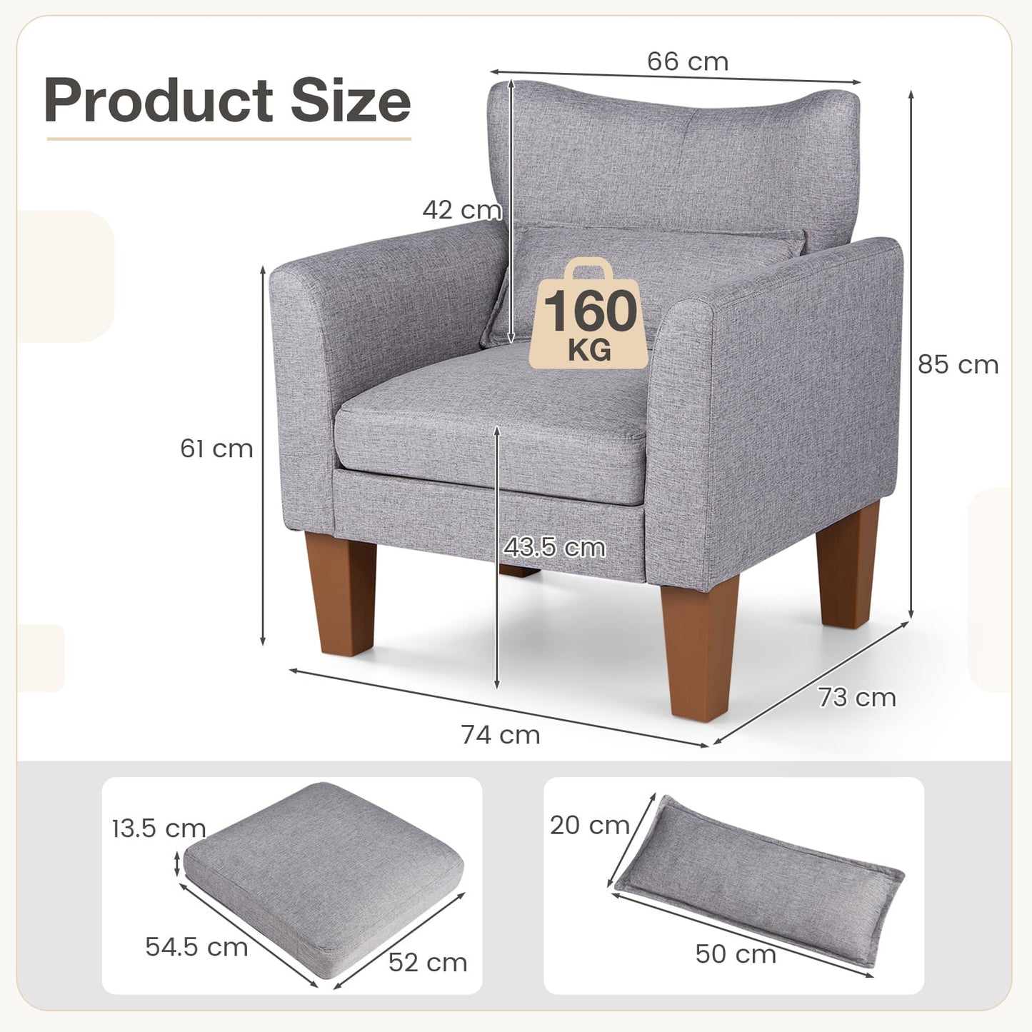 Modern Accent Chair with Removable Cushion and Pillow for Living Room-Grey