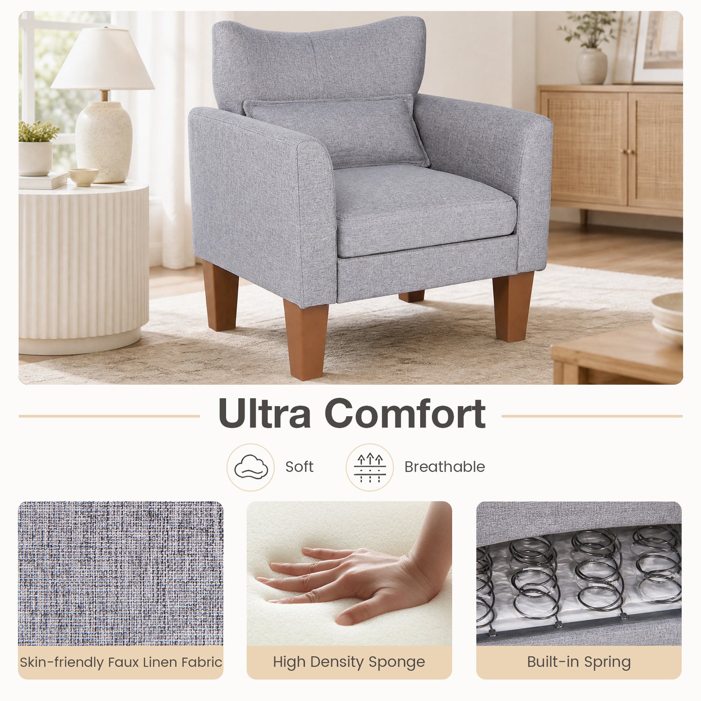 Modern Accent Chair with Removable Cushion and Pillow for Living Room-Grey