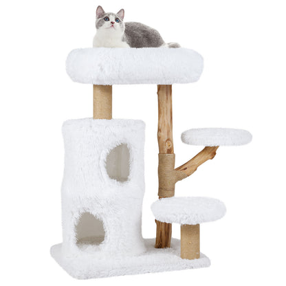 Modern Cat Tree for Indoor Cats 93CM Cat Tower with Real Solid Wood Branches-White