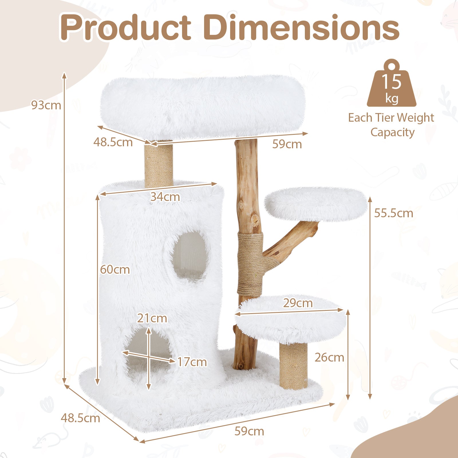 Modern Cat Tree for Indoor Cats 93CM Cat Tower with Real Solid Wood Branches-White