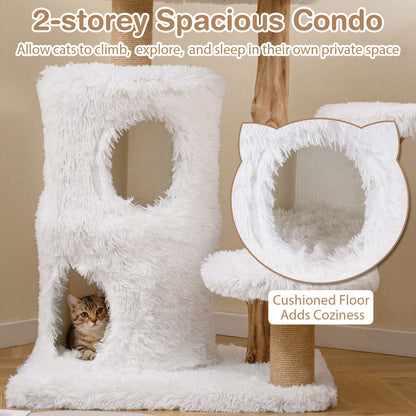 Modern Cat Tree for Indoor Cats 93CM Cat Tower with Real Solid Wood Branches-White
