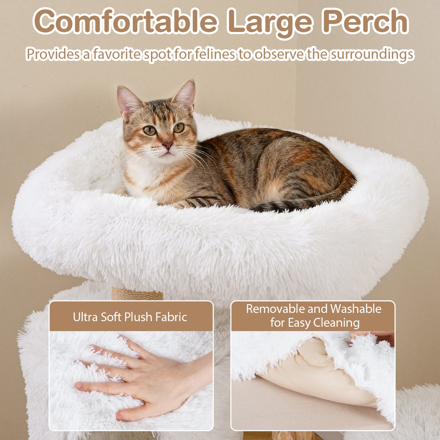 Modern Cat Tree for Indoor Cats 93CM Cat Tower with Real Solid Wood Branches-White