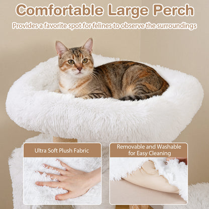 Modern Cat Tree for Indoor Cats 93CM Cat Tower with Real Solid Wood Branches-White