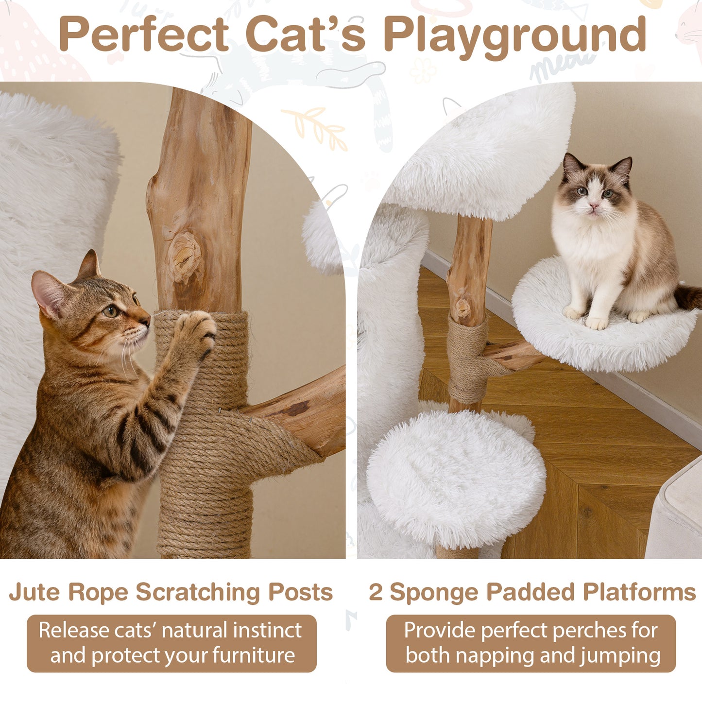 Modern Cat Tree for Indoor Cats 93CM Cat Tower with Real Solid Wood Branches-White