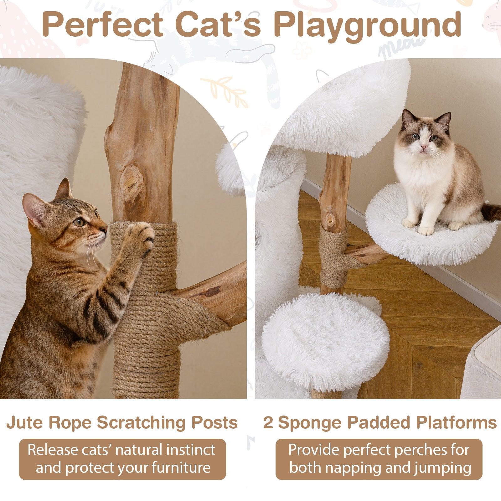 Modern Cat Tree for Indoor Cats 93CM Cat Tower with Real Solid Wood Branches-White
