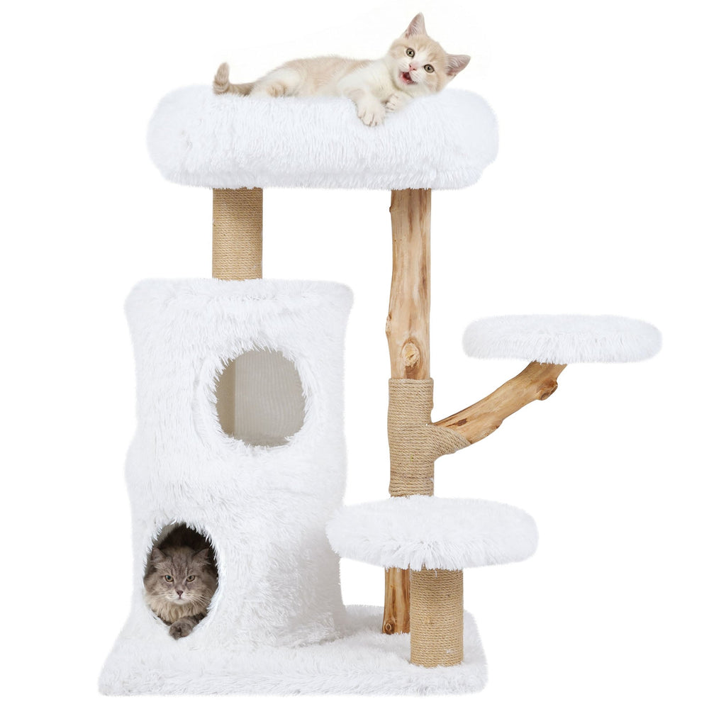 Modern Cat Tree for Indoor Cats 93CM Cat Tower with Real Solid Wood Branches-White