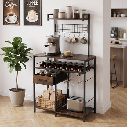 Modern Corner Bar Wine Cabine with Glass Holders and Removable Drawer-Rustic Brown
